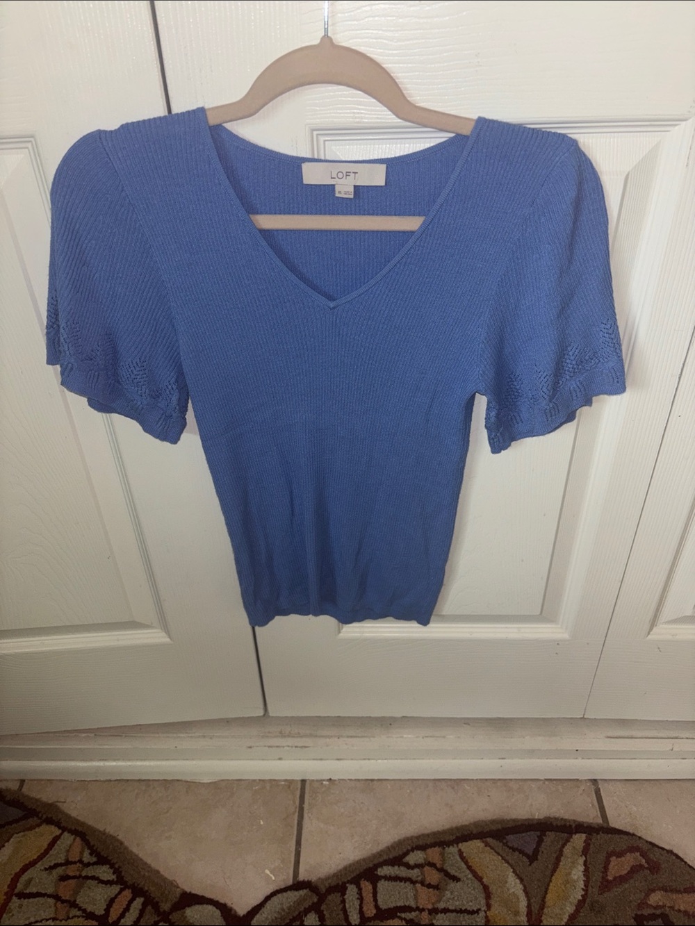 LOFT Cornflower Blue V-Neck Knit Top with Puff Sleeves